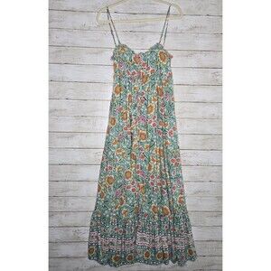 Hersy Maxi Dress Green Floral Size Medium Keyhole Back Tank Top Button